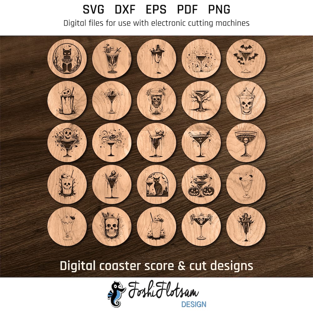 Coaster SVG - Halloween cocktail coaster SVG designs 25 Halloween cocktail coaster SVG designs shown on one page as digital, stylized coaster SVGs.